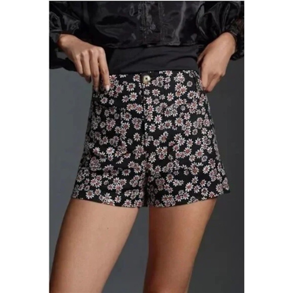 NWT Anthropologie Colette Linen Blend Shorts Black with Daisy Print 121610 - Picture 1 of 4